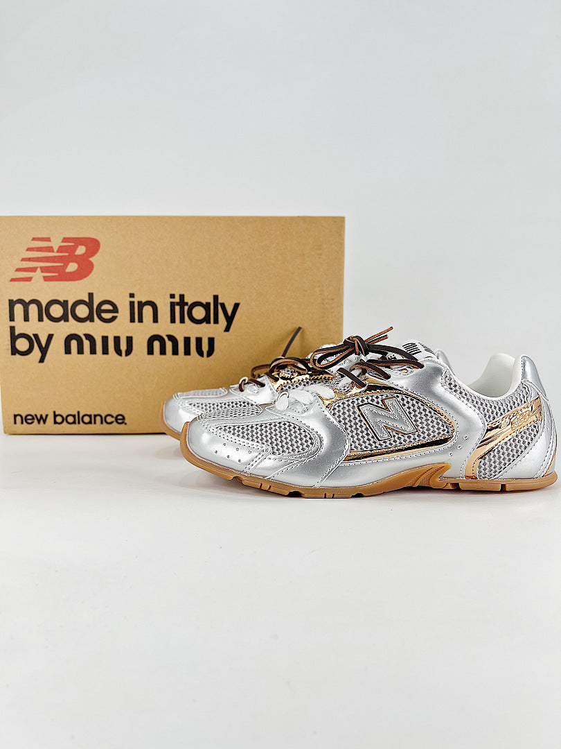 New Balance x Miu Miu 530 SL Silver Gold Metallic Retro Low Top Sneakers Women Men