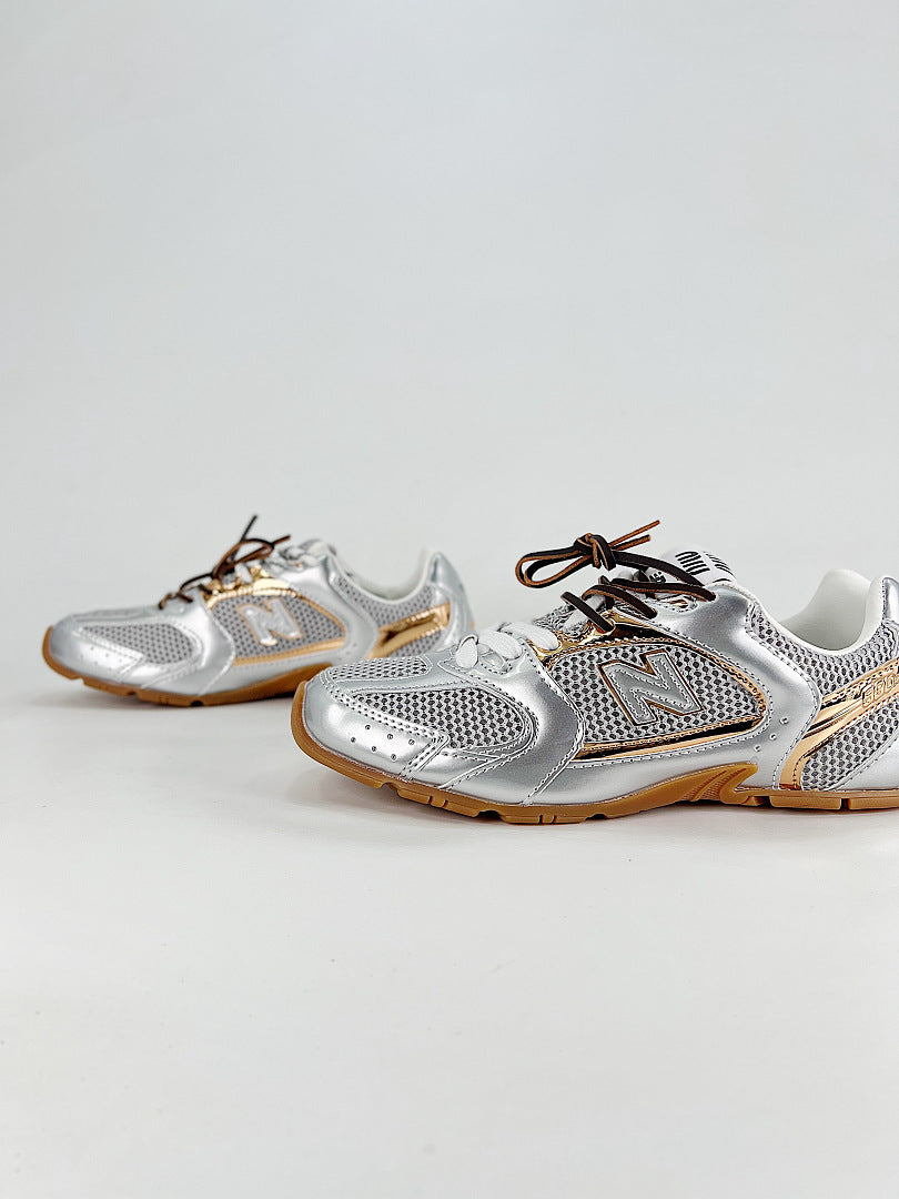 New Balance x Miu Miu 530 SL Silver Gold Metallic Retro Low Top Sneakers Women Men