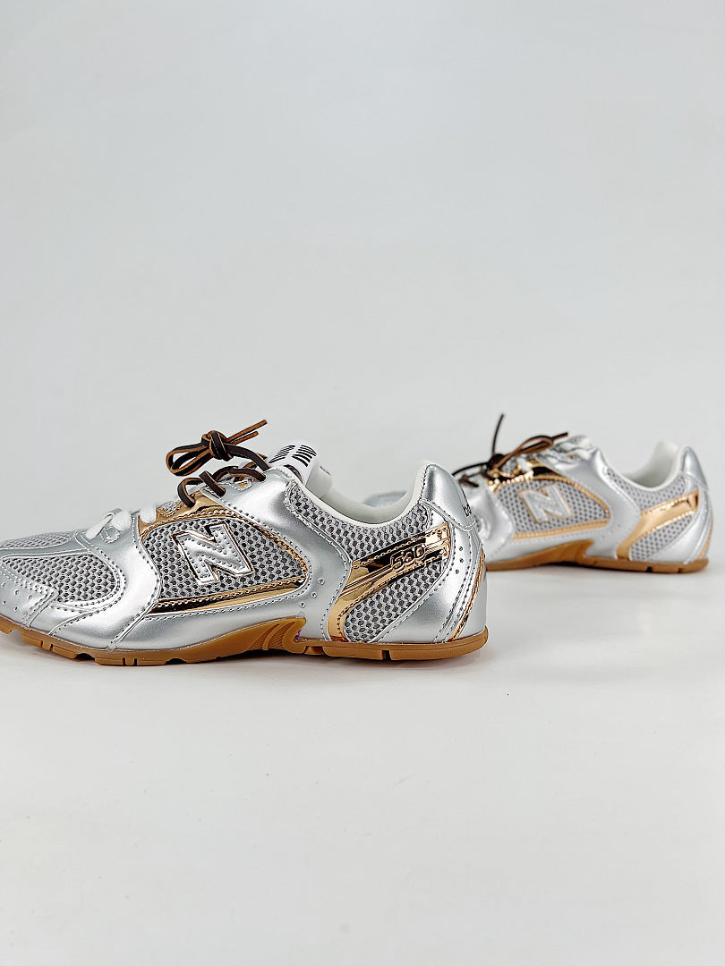 New Balance x Miu Miu 530 SL Silver Gold Metallic Retro Low Top Sneakers Women Men